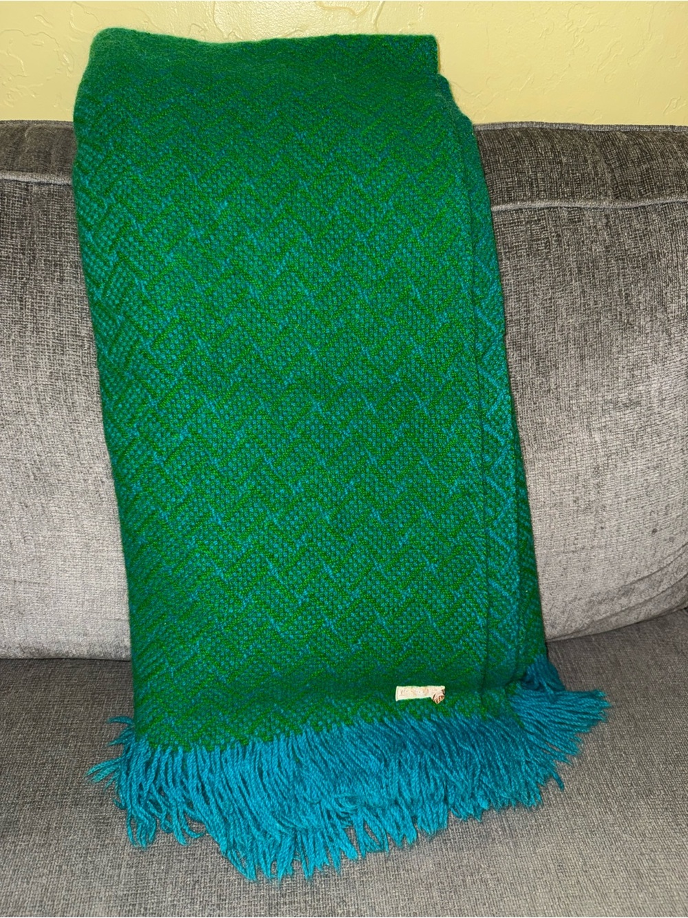 Pendleton Mid Century Modern Vintage Wool Throw Blanket Green Teal Fringe